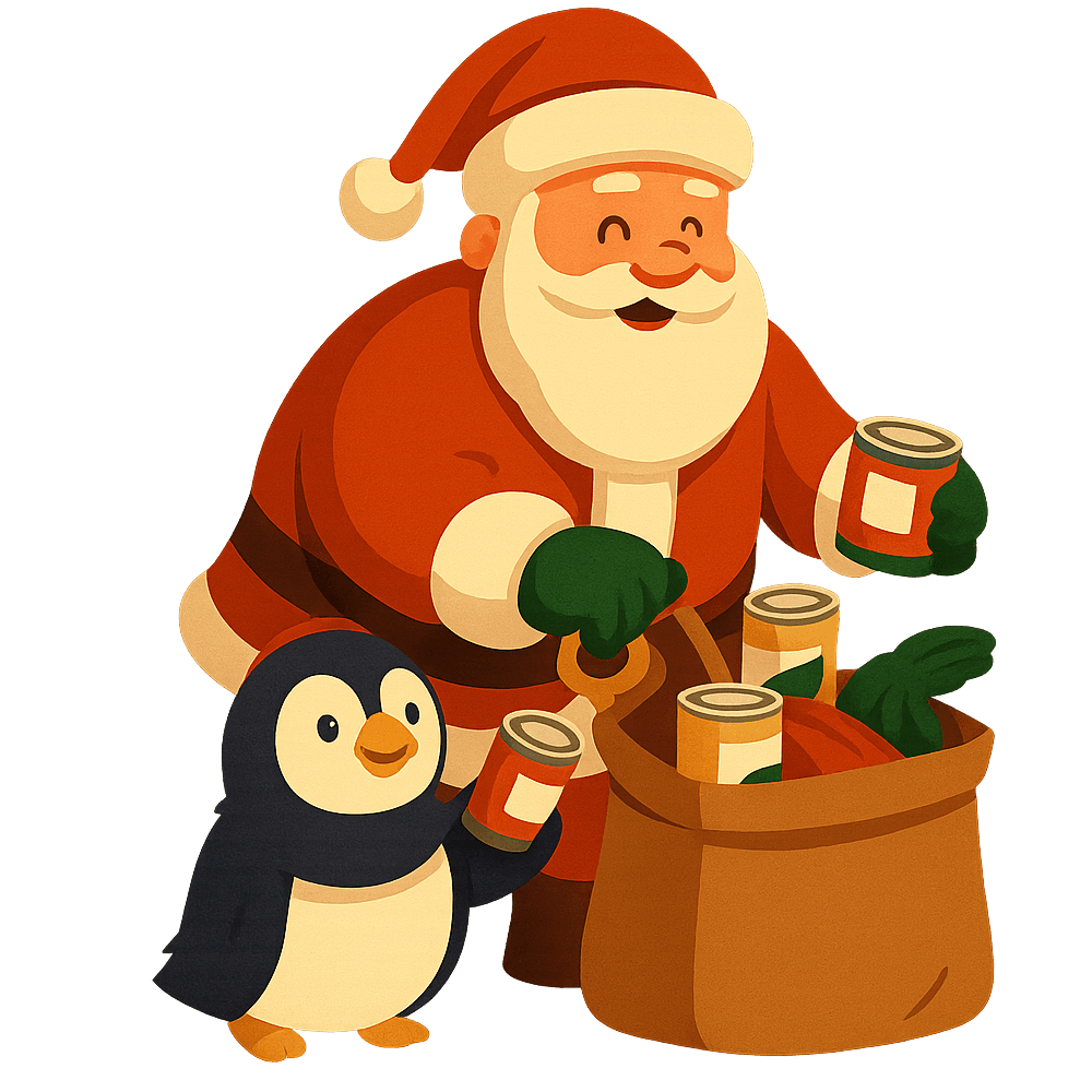 Cartoon of Santa and a penguin donating food