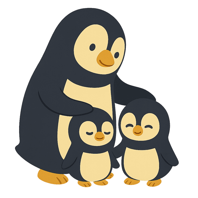 Cartoon parent penguin keeping tiny penguins close as a safety reminder for families visiting The Bugg Lights.