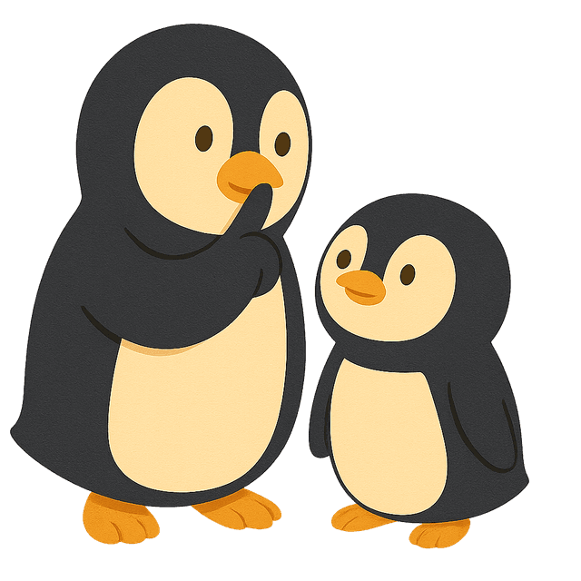 Cartoon adult penguin quietly shushing a small penguin to remind visitors to keep noise down at The Bugg Lights.