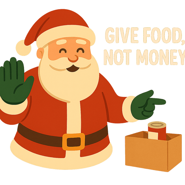 Cartoon Santa at The Bugg Lights encouraging visitors to donate canned food instead of money.